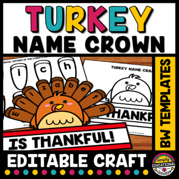 Preview of THANKFUL TURKEY NAME CRAFT CROWN PRINTABLE THANKSGIVING HAT ACTIVITY TEMPLATE