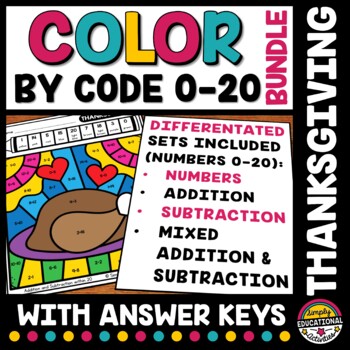 Preview of THANKSGIVING ACTIVITY COLOR BY NUMBER ADDITION & SUBTRACTION TO 20 WORKSHEET ART