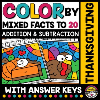 Preview of THANKSGIVING ACTIVITY COLOR BY NUMBER ADDITION & SUBTRACTION WITHIN 20 WORKSHEET