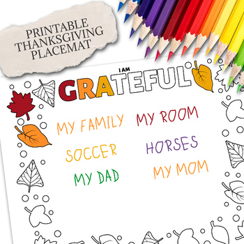 Preview of THANKSGIVING ACTIVITY, KIDS PLACEMAT, DAYCARE CRAFT, GRATITUDE WRITING EXERCISE