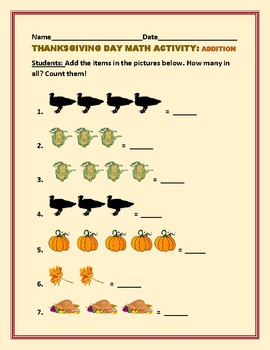 Preview of THANKSGIVING ADDITION ACTIVITY K & 1