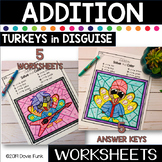 THANKSGIVING Addition Coloring Worksheets Math Turkeys in 