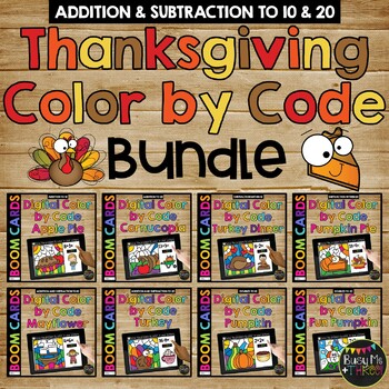 Preview of THANKSGIVING Boom Cards™ DIGITAL Color by Code BUNDLE 8 Decks Add Subtract