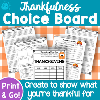 Preview of THANKSGIVING CHOICE BOARD | Art Integration | Thankfulness Gratitude November