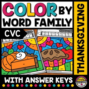 Preview of THANKSGIVING COLOR BY CVC WORD WORKSHEETS PHONICS READ COLORING PAGES SHEETS ART