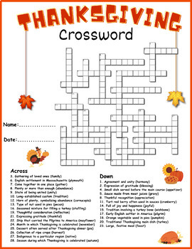 THANKSGIVING CROSSWORD Puzzle Worksheet - All About THANKSGIVING