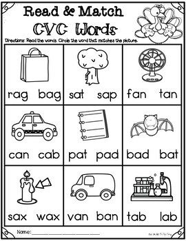 thanksgiving cvc words read and match worksheets by