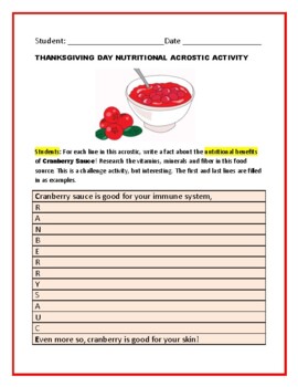 Preview of THANKSGIVING DAY NUTRITIONAL ACROSTIC ACTIVITY: GRS. 4-12, ELA, VOCATIONAL ED