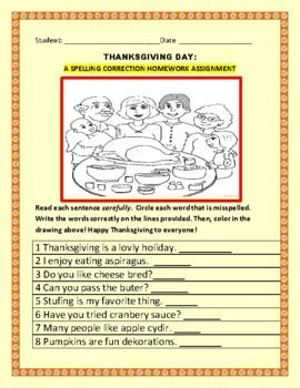 Preview of THANKSGIVING DAY SPELLING CORRECTION HOMEWORK ASSIGNMENT: GRS.3-6, ESL