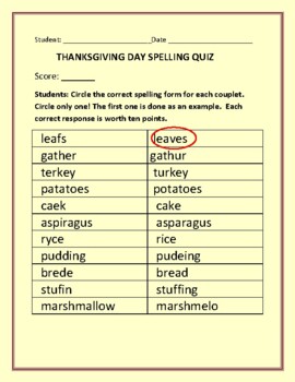 Preview of THANKSGIVING DAY SPELLING QUIZ: W/ANSWER KEY  GRS. 3-6, ESL