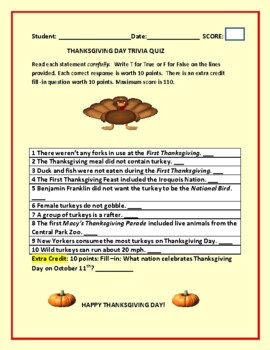 Preview of THANKSGIVING DAY TRIVIA QUIZ: W/ ANSWER KEY  GRS. 4-12