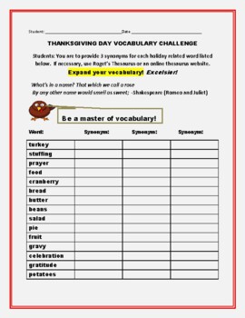 Preview of THANKSGIVING DAY VOCABULARY CHALLENGE: GRS. 4-8