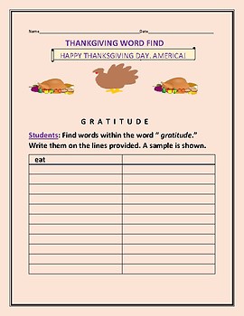 Preview of THANKSGIVING DAY WORD FIND: GRATITUDE