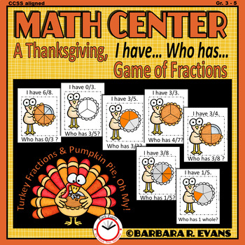 Preview of THANKSGIVING FRACTIONS ACTIVITY Fractions Math Game Thanksgiving Math Center