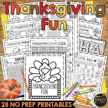 Preview of THANKSGIVING FUN Activity No Prep Worksheets Crosswords Word Search Math Reading