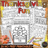 THANKSGIVING FUN Activity No Prep Worksheets Crosswords Word Search Math Reading