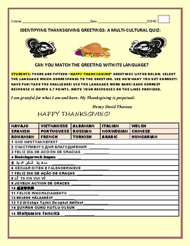 Preview of THANKSGIVING GREETINGS: MATCH THE GREETING W/ LANGUAGE/ TEACHERS, 7-12, ESL.