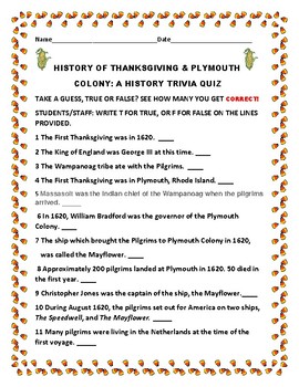 Preview of THANKSGIVING HISTORY TRIVIA QUIZ: CHALLENGING & FUN!