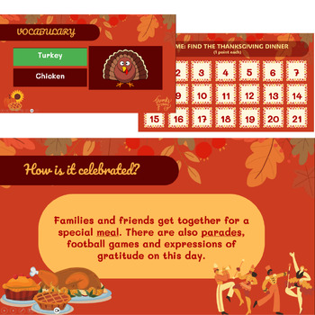Preview of THANKSGIVING HISTORY, VOCABULARY AND GAME (ESL: A1-A2)