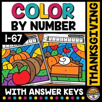 Preview of THANKSGIVING MATH ACTIVITY COLOR BY NUMBER WORKSHEET TURKEY NOVEMBER MORNING