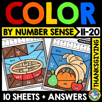 Preview of THANKSGIVING MATH COLOR BY CODE TEEN NUMBER SENSE NOVEMBER COLORING PAGE SHEETS