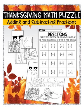 Preview of THANKSGIVING MATH PUZZLE: ADDING AND SUBTRACTING FRACTIONS