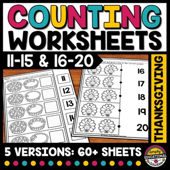 Preview of THANKSGIVING TEEN NUMBERS COUNTING WORKSHEETS COUNT & WRITE TO 20 CUT & PASTE