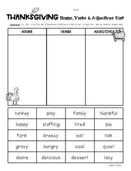 thanksgiving nouns verbs and adjectives sorting worksheets by 4 little baers