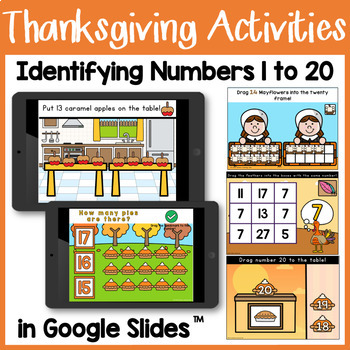 Preview of Thanksgiving Number Recognition Assessment 1-20 Google Slides Activities