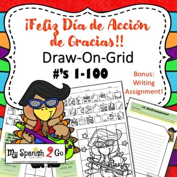 Preview of THANKSGIVING- Numbers 1 to 100 in Spanish--Draw-On-Grid--Rock Star Turkey!