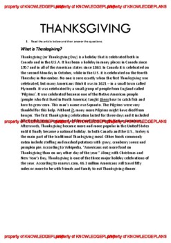 Preview of THANKSGIVING READING COMPREHENSION AND WRITING PRACTICE