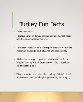 Preview of THANKSGIVING RESOURCE! Turkey fun facts! Reading comprehension!