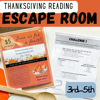 Preview of Thanksgiving Reading Comprehension Escape Room Activity for 3rd, 4th, 5th Grade