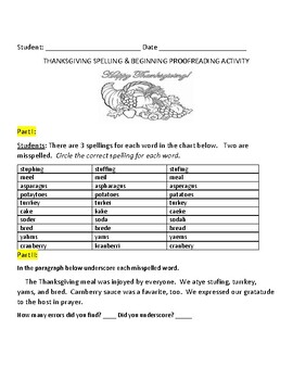 Preview of THANKSGIVING SPELLING & BEGINNING PROOFREADING ACTIVITY