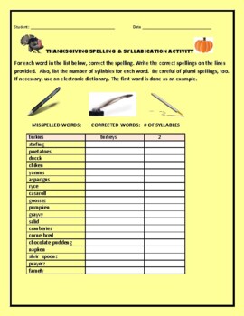 Preview of THANKSGIVING SPELLING & SYLLABICATION ACTIVITY   GRS. 3-6/ ELA/ ESL