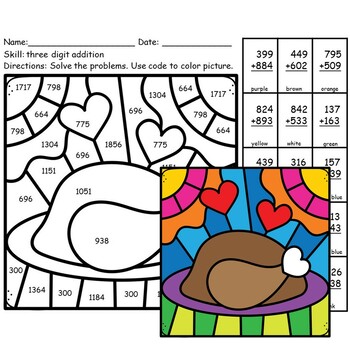 THANKSGIVING TURKEY COLOR BY NUMBER CODE 2-DIGIT ADDITION WITH ...