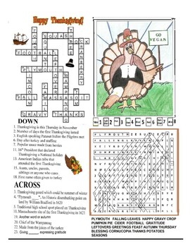 THANKSGIVING TURKEY FUN PAGE CROSSWORD WORD SEARCH COLORING TPT