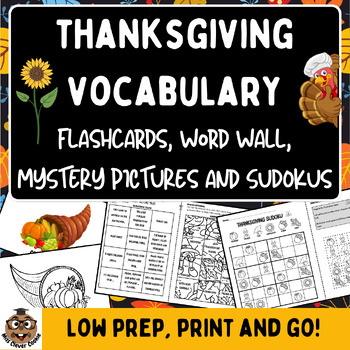 Preview of THANKSGIVING VOCABULARY Flashcards Word Wall Mystery Picture and Picture Sudoku