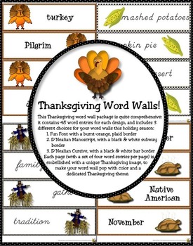 Preview of THANKSGIVING WORD WALLS in Fun Font, D'Nealian, & Cursive