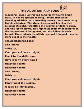 Preview of THE ADDITION RAP SONG GRADES 3-6