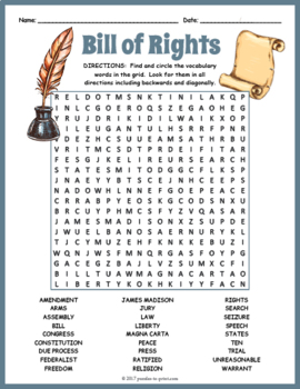 Preview of THE BILL OF RIGHTS Word Search Worksheet Activity - 3rd, 4th, 5th, 6th Grade