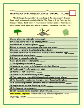 Preview of THE BIOLOGY OF PLANTS: A BOTANY T/F QUIZ  W 1 EXTRA CREDIT Q. & ANSWER KEY