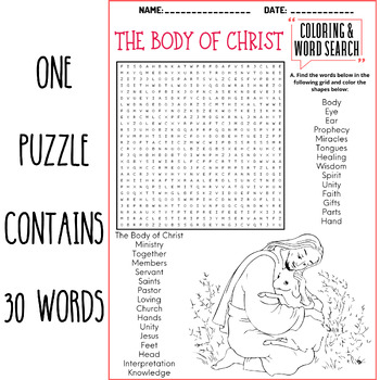 THE BODY OF CHRIST coloring & word search puzzle worksheets activities