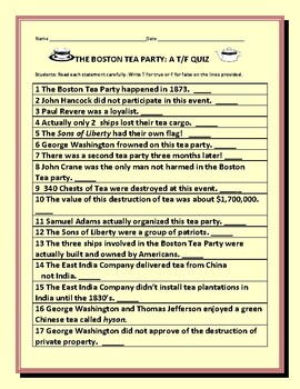 Preview of THE BOSTON TEA PARTY: A T/F QUIZ- 20 STATEMENTS, EXTRA CREDIT- W/ ANSWER KEY