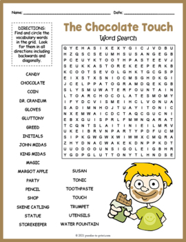 THE CHOCOLATE TOUCH Novel Study Word Search Puzzle Worksheet Activity