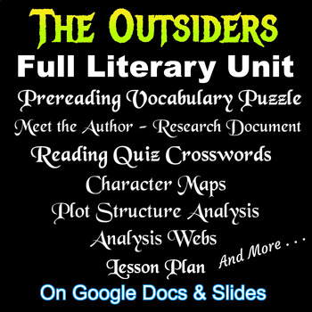 Preview of THE OUTSIDERS - FULL LITERARY UNIT (Quizzes, Character & Plot Maps, etc.)