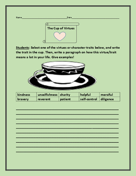 Preview of THE CUP OF VIRTUES- A CHARACTER EDUCATION WRITING ACTIVITY