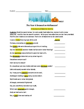 Preview of THE DAY IT SNOWED ON HALLOWEEN: VOCABULARY/ ADJECTIVE ACTIVITY