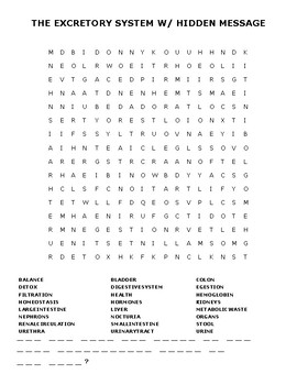THE EXCRETORY SYSTEM WORD SEARCH: WITH HIDDEN MESSAGE | TpT