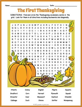 Preview of HISTORY OF THE FIRST THANKSGIVING - Fun History Word Search & Find Worksheet